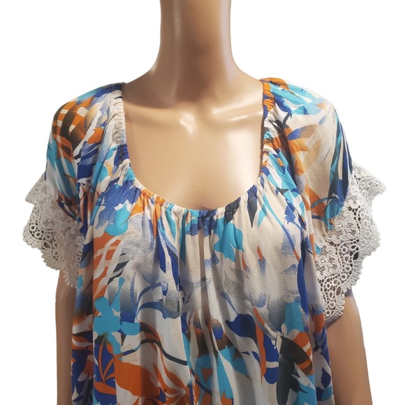 NEW 89th & Madison Lace Sleeve Blue Orange Floral Tie Back Elastic Neck Top - Picture 2 of 10